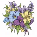 Violet flower, iris flower, daffodil flower, daisy flower, aster flower, morning glory flower. tattoo design idea