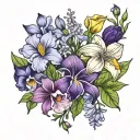 Violet flower, iris flower, daffodil flower, daisy flower, aster flower, morning glory flower. tattoo design idea