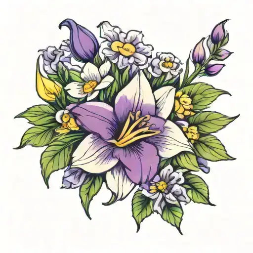 Violet flower, iris flower, daffodil flower, daisy flower, aster flower, morning glory flower. tattoo design idea