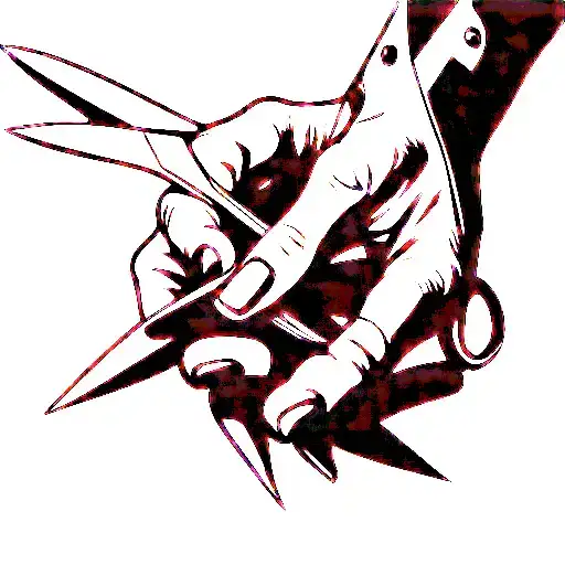 A shaded hand with long, pointed, razor-sharp nails grasping a pair of sharp hairdressing scissors tattoo design idea