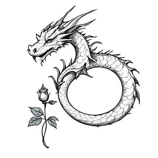 A sketch of a minimalistic dragon tattoo that squeezes a rosebud with its tail tattoo design idea