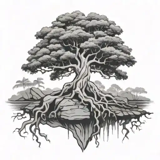 tree, roots, feet on a rock, suriname, cambodia, denmark, seasons tattoo design idea