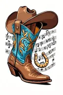 Cowboy Boot, music notes, horse shoe, cowboy hat surrounded tattoo design idea