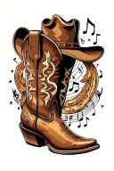 Cowboy Boot, music notes, horse shoe, cowboy hat surrounded tattoo design idea