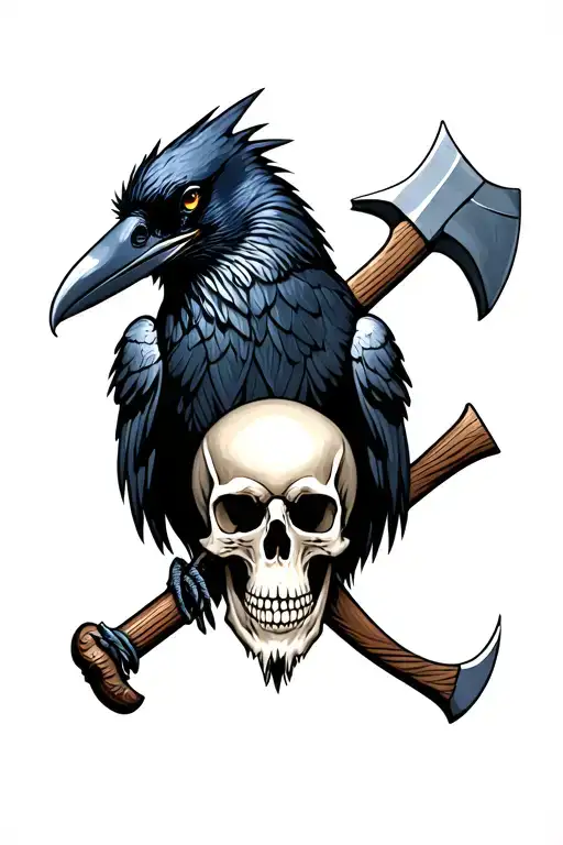 Evil crow with skull and axe embedded tattoo design idea