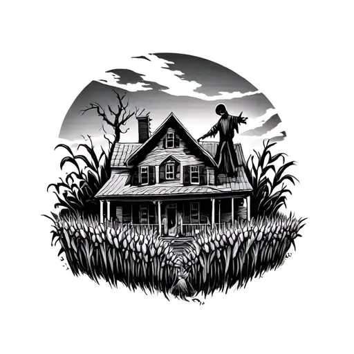 creepy house, field of cornstalks with a scarecrow tattoo design idea