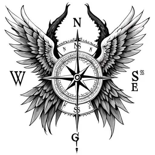 compass half demon angel wings tattoo design idea