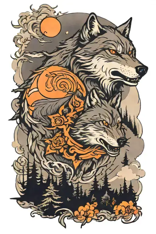 a very angry wolf, a misty forest, a lot of gray shades, a full moon tattoo design idea