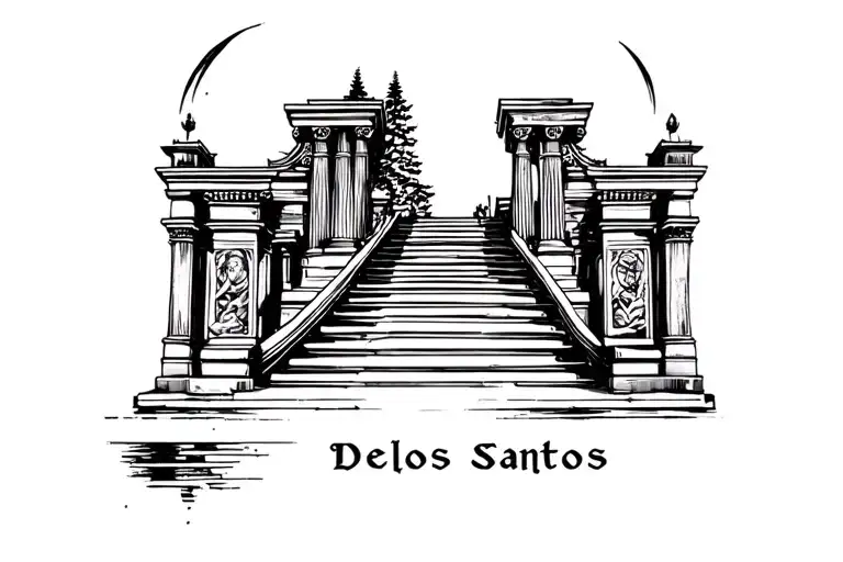 "Delos Santos " Heaven gates with stairs background black tattoo design idea