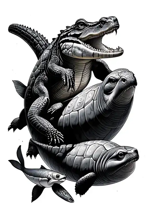 crocodile with 2 turtles, 1 dugong and some fish swimming gracefully tattoo design idea