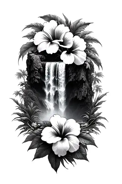 hawaiin waterfall, hibiscus flowers tattoo design idea