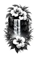 hawaiin waterfall, hibiscus flowers tattoo design idea