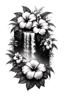 hawaiin waterfall, hibiscus flowers tattoo design idea