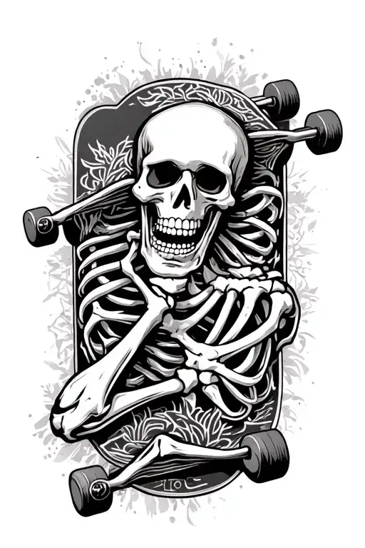 skeleton arm with skateboard deck tattoo design idea