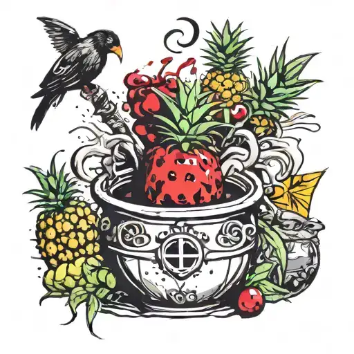 witch cauldron pineapple cherries coconut tattoo design idea