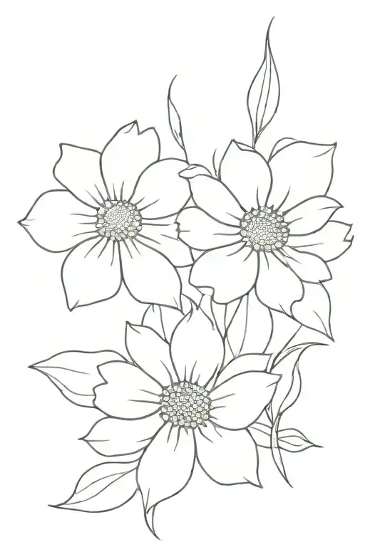 violet flower, cosmos flower, chrysanthemum tangled together tattoo design idea