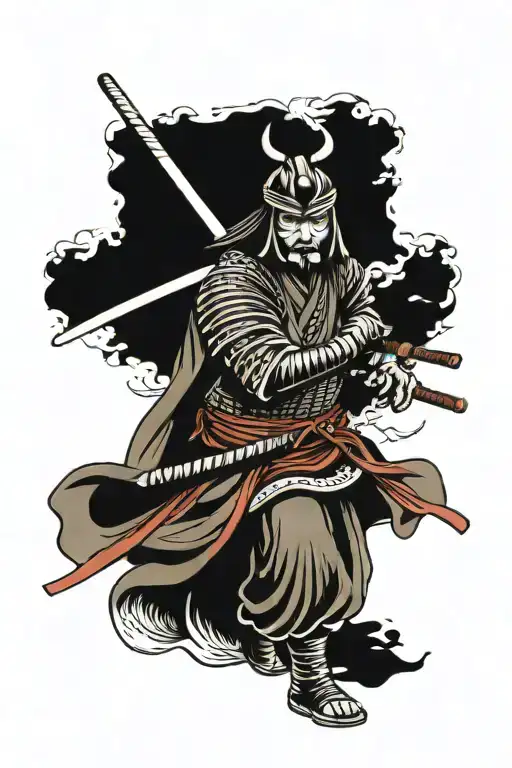 Japanese samurai warrior wielding sword with mask tattoo design idea