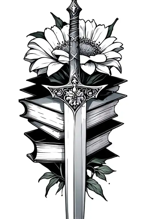 two May birth flowers, one November birth flower, books, a sword that says I am no man. And a shooting star. tattoo design idea