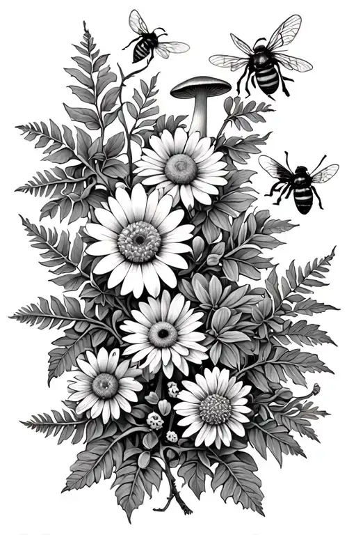Ivy string with daisies muscaris, fern, dahlia, bees,  and mushrooms tattoo design idea