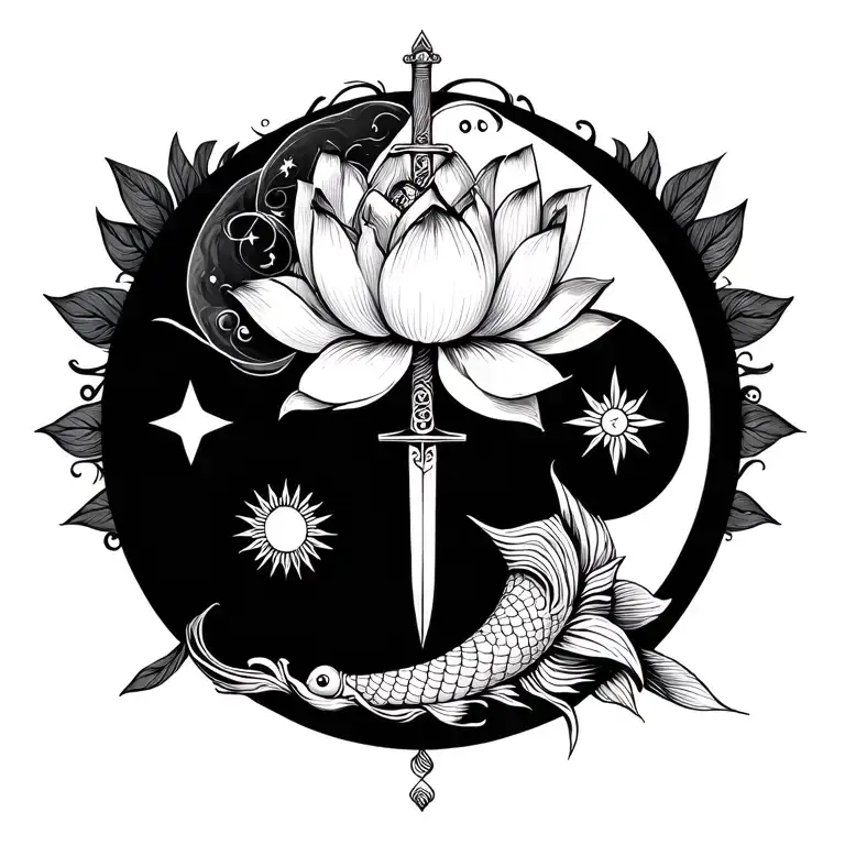 lotus flower, yin and yang fish, sword, sun moon stars tattoo design idea