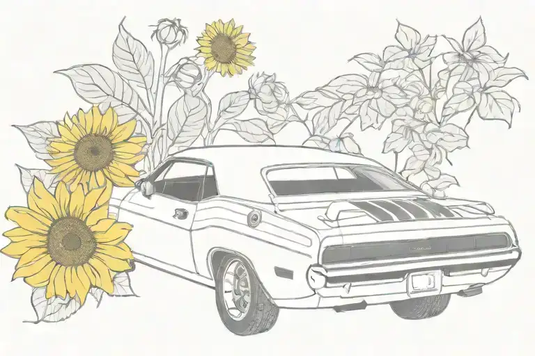 70's dodge challenger and sunflowers tattoo design idea