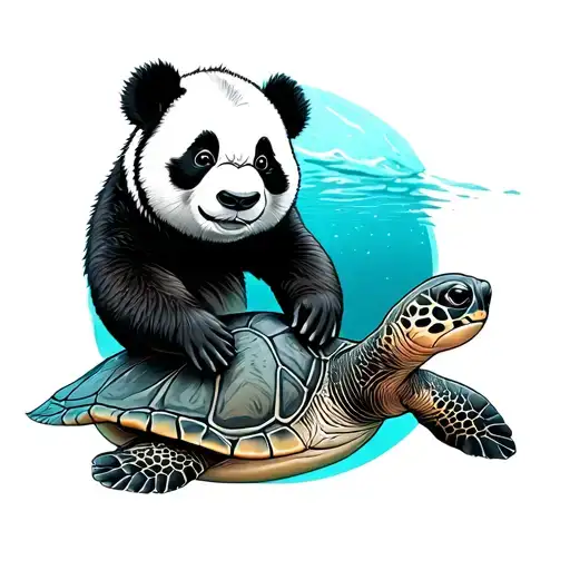 baby panda bear sitting on top of a sea turtle swimming tattoo design idea