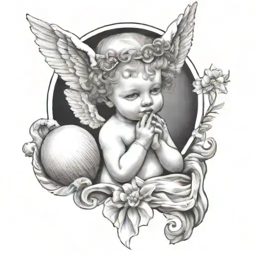 A baby angel with two horns above her head ,holding a diamond a shell which has a pearl in it  tattoo design idea