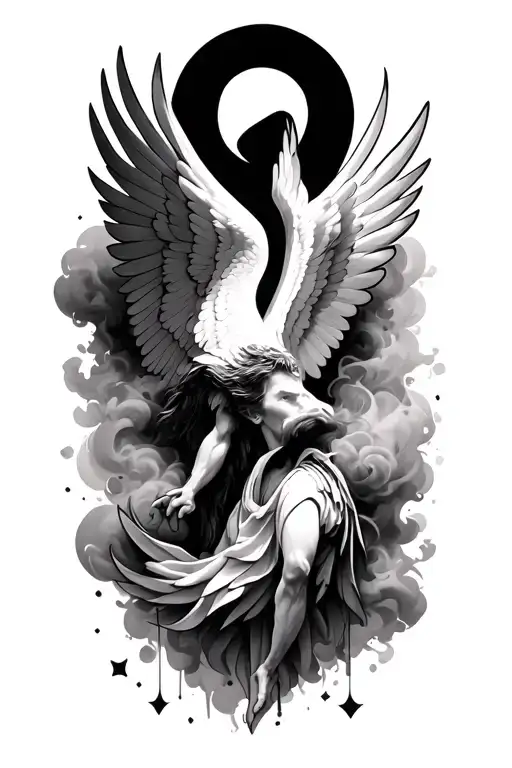 black and grey with icarus faliing, smokey background and other filler stuff tattoo design idea
