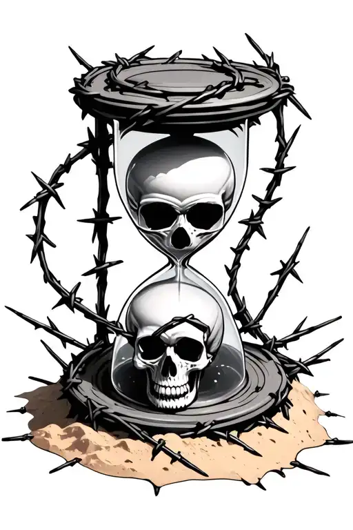 hourglass with skull in the bottom half in sand wrapped in barbed wire tattoo design idea