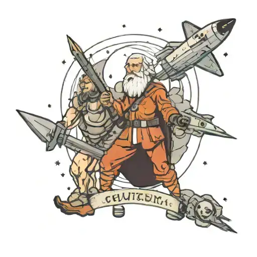 The first humans are holding spears and in front of them an old bearded man is saluting a Space Shuttle with a football  tattoo design idea