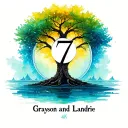 tree with number 7 on trunk inside a circle and the names Grayson and Landrie below the tree with water color behind it  tattoo design idea