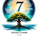tree with number 7 on trunk inside a circle and the names Grayson and Landrie below the tree with water color behind it  tattoo design idea