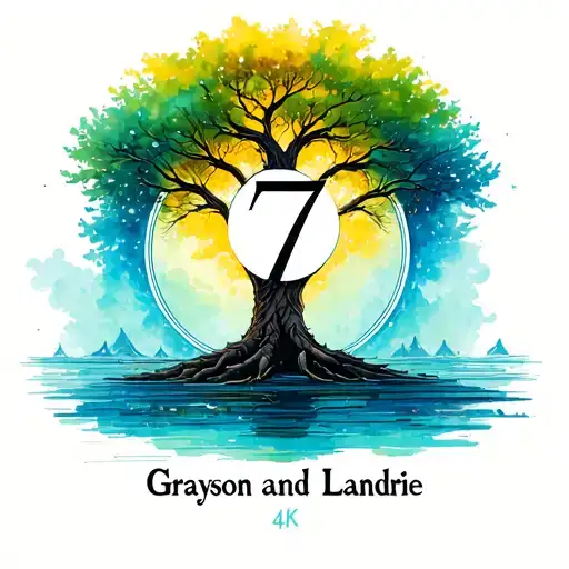 tree with number 7 on trunk inside a circle and the names Grayson and Landrie below the tree with water color behind it  tattoo design idea
