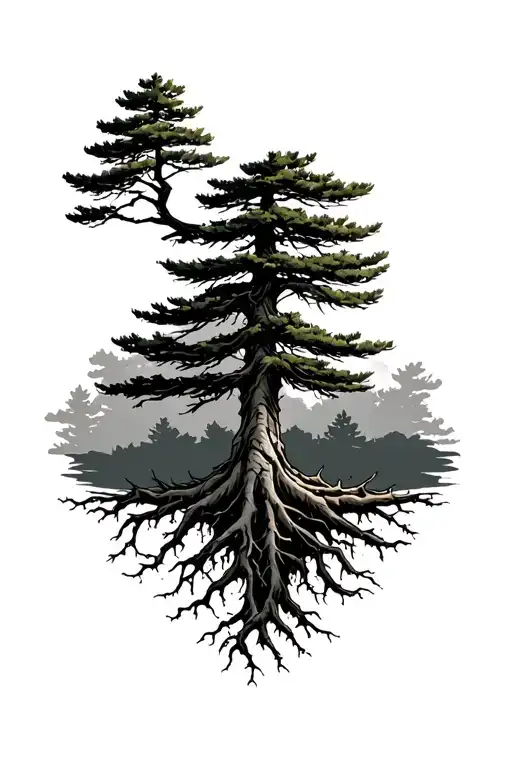 pine tree with roots tattoo design idea