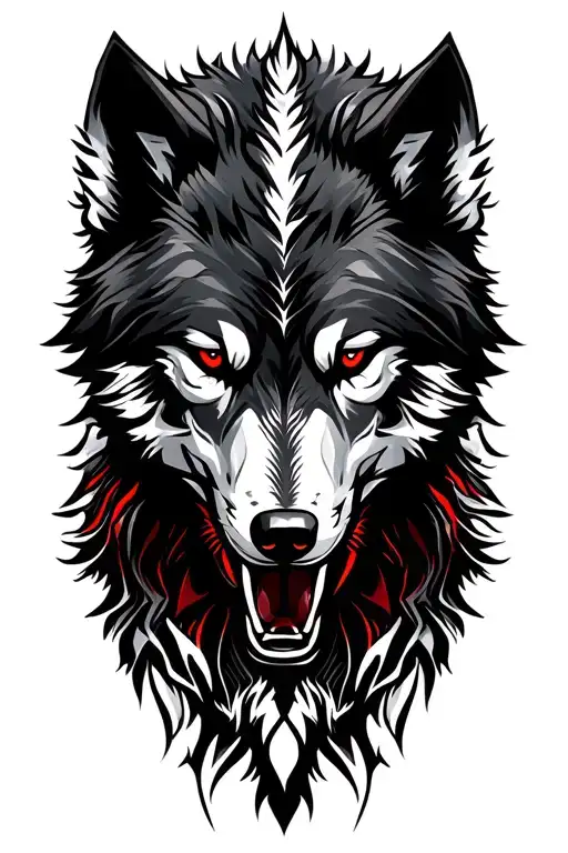 black wolf fighting white wolf head with red eyes tattoo design idea