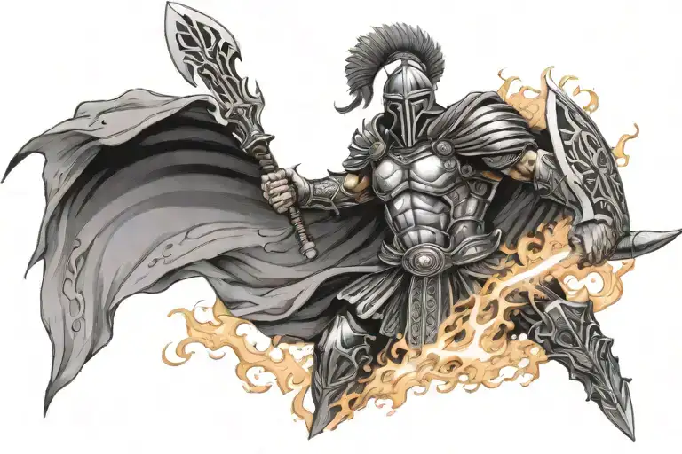 Ares in full battle mode, wielding a spear or sword, with flames and a battlefield of fallen warriors in the background. tattoo design idea