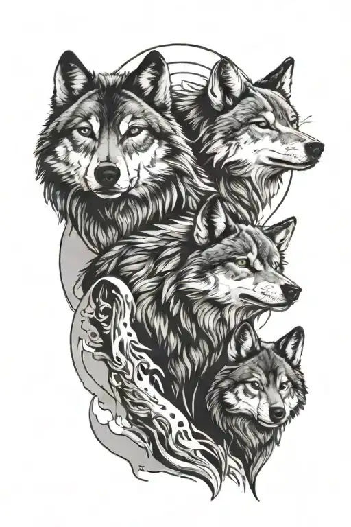 2 Wolves overlooking 4 wolves tattoo design idea