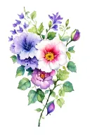 english ivy vine with the flowers Violet,sakura,marigold,lily bud,peony,morning glory,cosmo wrapped around the arm tattoo design idea