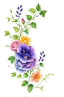 english ivy vine with the flowers Violet,sakura,marigold,lily bud,peony,morning glory,cosmo wrapped around the arm tattoo design idea