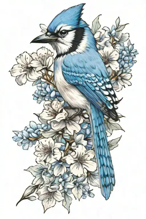 blue jay bird flying, larkspur flower tattoo design idea