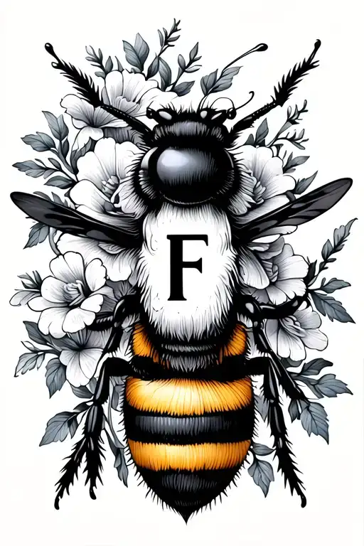 Minimalist bee with letter F on the back. Flowers around the whole in a vintage baroque style tattoo design idea