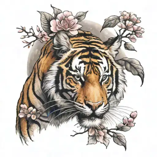Tiger with cherry blosssom tree and moon surrounded tattoo design idea