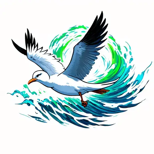 seagull flying out of a hurricane of blue and green waves tattoo design idea