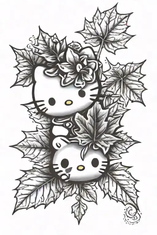 hello kitty with maple leaf background black tattoo design idea