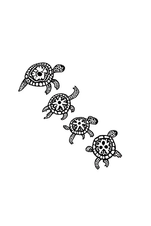 Sugar skull turtles in a line swirling up to a bigger turtle, about 4-5 of them and they all have sugar skull shells. Ma tattoo design idea