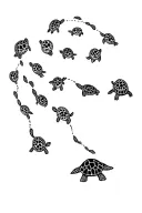 Sugar skull turtles in a line swirling up to a bigger turtle, about 4-5 of them and they all have sugar skull shells. Ma tattoo design idea