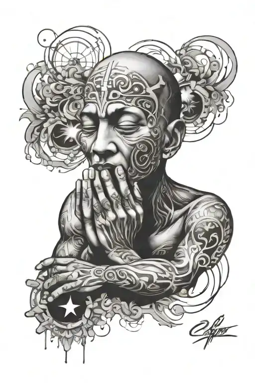 The world is yours with a face and praying hands tattoo design idea