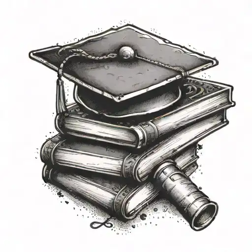 A tattoo depicting the ups and downs of student life, with a stack of books, a graduation cap, and a coffee cup tattoo design idea