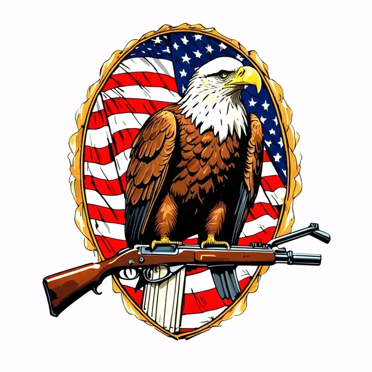 A patriotic bald eagle perched on a rifle with an American flag in the background tattoo design idea