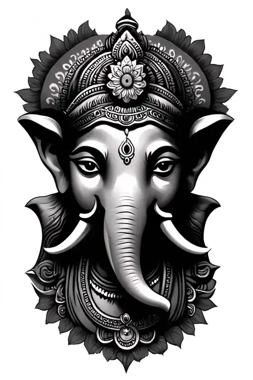 calm lord ganesha face and science tattoo design idea
